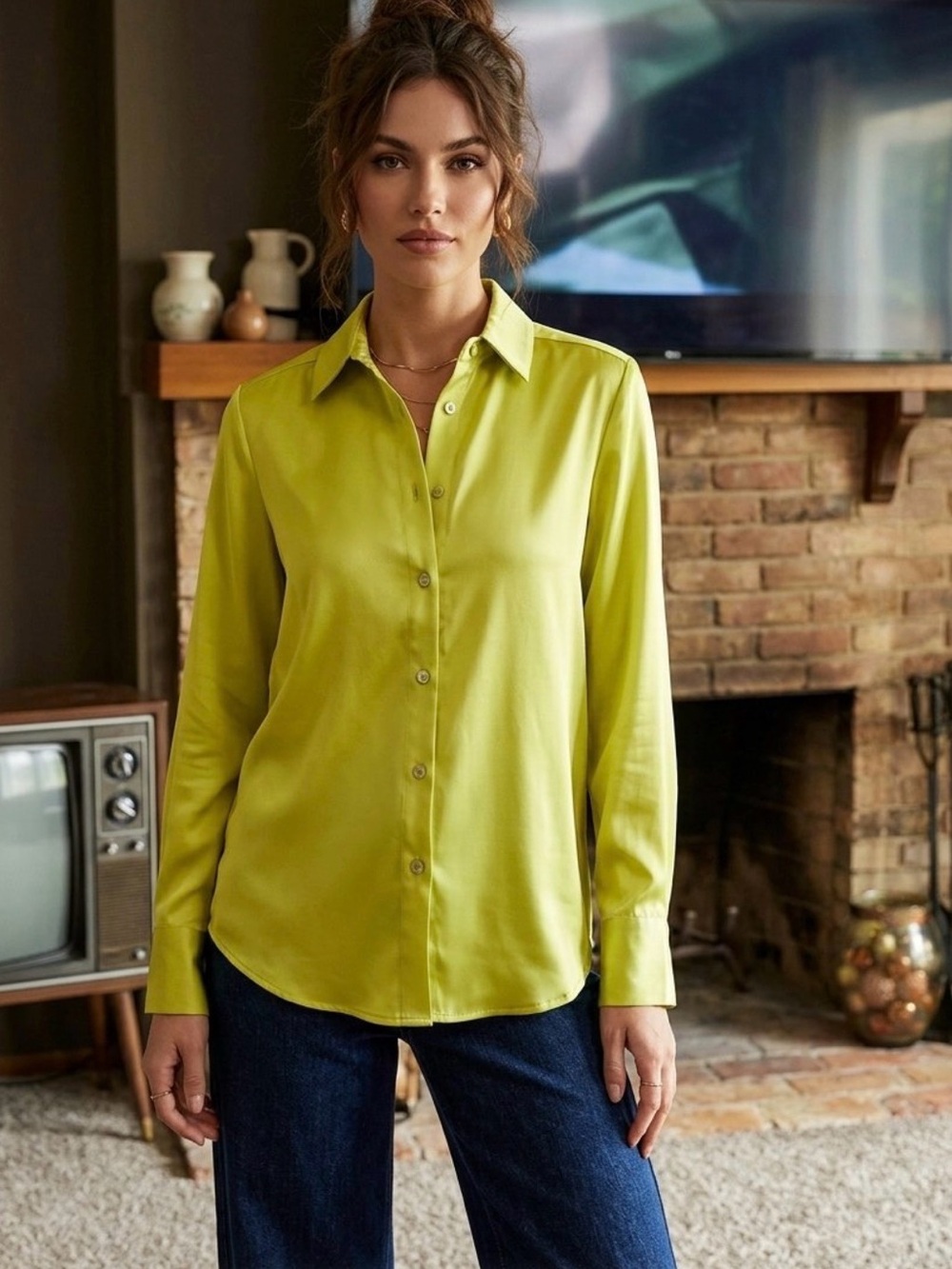 Rachel Zoe Lime Green Satin Button-Down Shirt
